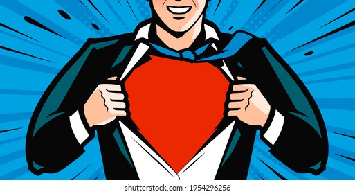 Superhero tearing shirt in style pop art comic book. Vector illustration