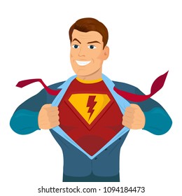 Superhero tearing shirt and wearing costume vector poster illustration on a white background