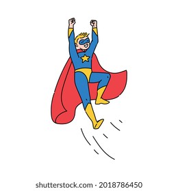 Superhero teenage boy cartoon character flying in blue comic hero costume with red cape blowing in wind, sketch vector illustration isolated on white background.