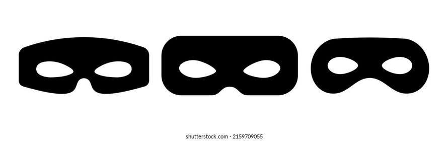 Superhero or thief mask with eye slits vector black icon set. Masquerade costume mask silhouette hidden villain or burgar face. Simple design carnival incognito party masque clip art illustration.