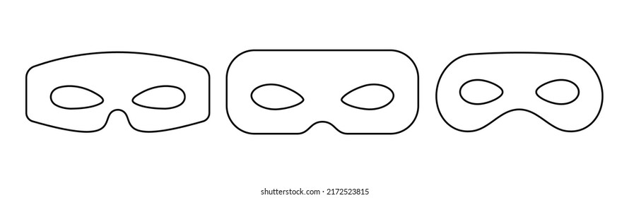 Superhero or thief mask with eye slits vector black icon set. Masquerade costume mask silhouette hidden villain or burgar face. Line art design carnival incognito party masque clip art illustration.