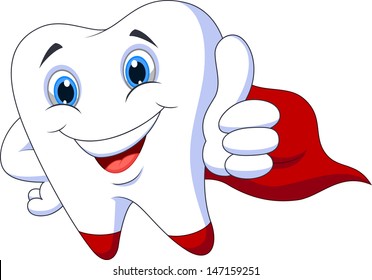 Superhero tooth cartoon with thumb up