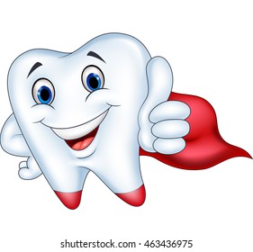 Superhero tooth cartoon with thumb up