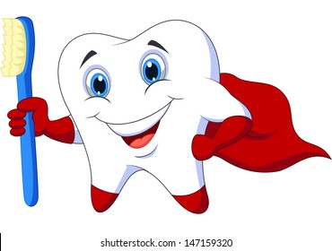 Superhero tooth cartoon with toothbrush