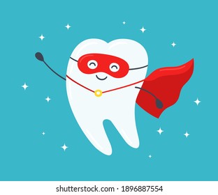 Superhero tooth. Happy healthy tooth in a red cloak. Vector illustration on a blue background