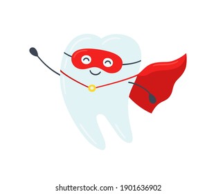 Superhero tooth. Happy healthy tooth in a red cloak. Vector illustration on a white background