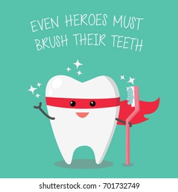 Superhéroe con cepillo de dientes. Concepto de cuidado de los adolescentes e higiene. Feliz superhéroe de dientes lindos. Ilustración vectorial.