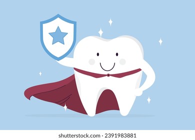 Diente superhéroe con protección. Diente sano fuerte con capa roja. Un súper héroe dulce, sonriente y feliz. Concepto de cuidado e higiene de los adolescentes. Ilustración vectorial plana sobre fondo azul