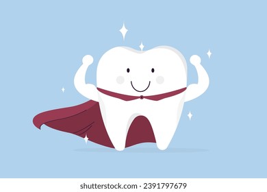 Superhero tooth. Strong healthy tooth in red cloak. Cute, smiling and happy tooth super hero. Teeth care and hygiene concept. Flat vector illustration on blue background