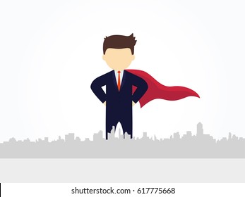 Superhero in traditional costume over big city. Vector illustration for business design and infographic.