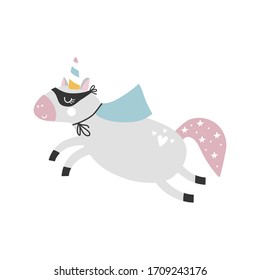 Superhero unicorn animal. Cute cartoon kids character, vector illustration.