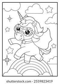 Superhero Unicorn Coloring Page for Kids. A Fun and Printable Black and White Activity Sheet Featuring a Cute Unicorn Flying Over the Rainbow.
