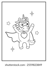 Superhero Unicorn Coloring Page for Kids. A Fun and Printable Black and White Activity Sheet for Kindergarten.