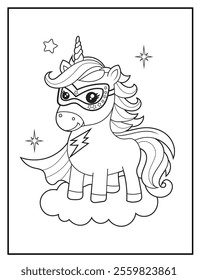 Superhero Unicorn Coloring Page for Kids. A Fun and Printable Black and White Activity Sheet for Kindergarten.