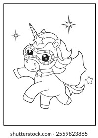 Superhero Unicorn Coloring Page for Kids. A Fun and Printable Black and White Activity Sheet for Kindergarten.