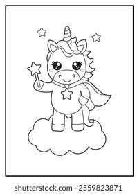 Superhero Unicorn Coloring Page for Kids. A Fun and Printable Black and White Activity Sheet for Kindergarten.