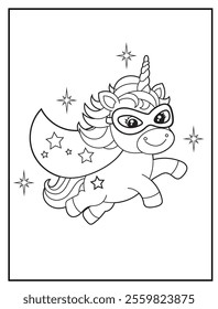 Superhero Unicorn Coloring Page for Kids. A Fun and Printable Black and White Activity Sheet for Kindergarten.