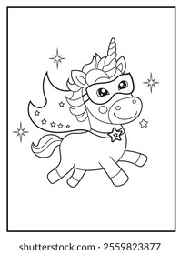 Superhero Unicorn Coloring Page for Kids. A Fun and Printable Black and White Activity Sheet for Kindergarten.