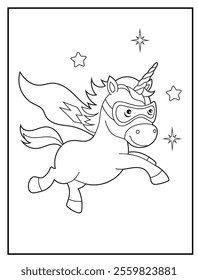 Superhero Unicorn Coloring Page for Kids. A Fun and Printable Black and White Activity Sheet for Kindergarten.