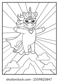 Superhero Unicorn Coloring Page for Kids. A Fun and Printable Black and White Activity Sheet Featuring a Cute Unicorn Standing on Top of a Hill.
