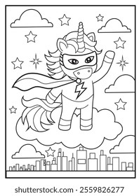 Superhero Unicorn Coloring Page for Kids. A Fun and Printable Black and White Activity Sheet Featuring a Cute Unicorn Standing on a Cloud.

