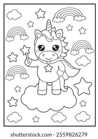 Superhero Unicorn Coloring Page for Kids. A Fun and Printable Black and White Activity Sheet Featuring a Cute Unicorn Standing on a Cloud.
