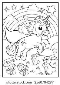 Superhero Unicorn Coloring Page for Kids. A Fun and Printable Black and White Activity Sheet for Kindergarten.
