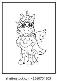 Superhero Unicorn Coloring Page for Kids. A Fun and Printable Black and White Activity Sheet for Kindergarten.
