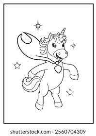 Superhero Unicorn Coloring Page for Kids. A Fun and Printable Black and White Activity Sheet for Kindergarten.
