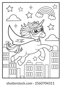 Superhero Unicorn Coloring Page for Kids. A Fun and Printable Black and White Activity Sheet for Kindergarten.

