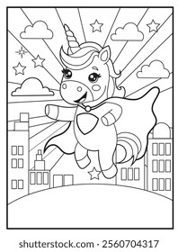 Superhero Unicorn Coloring Page for Kids. A Fun and Printable Black and White Activity Sheet for Kindergarten.
