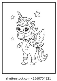 Superhero Unicorn Coloring Page for Kids. A Fun and Printable Black and White Activity Sheet for Kindergarten.
