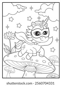Superhero Unicorn Coloring Page for Kids. A Fun and Printable Black and White Activity Sheet for Kindergarten.
