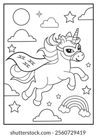 Superhero Unicorn Coloring Page for Kids. A Fun and Printable Black and White Activity Sheet Featuring a Cute Unicorn Flying in the Sky.

