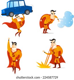 Superhero using four different powers in four different situations, lifting a car, flying, making wind and setting fire, with orange suit and cape, vector illustration.