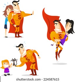 Superhero using his powers to save helpless women and kid. vector cartoon illustration