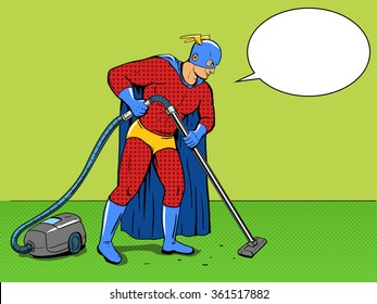 Superhero  with vacuum cleaner pop art style vector illustration. Comic book style