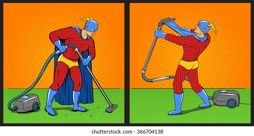 Superhero with vacuum cleaner pop art style vector illustration. Comic book style