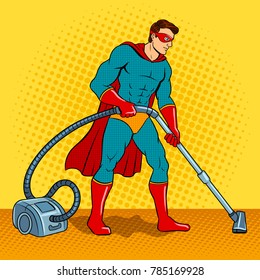 Superhero with vacuum cleaner pop art retro vector illustration. Comic book style imitation.