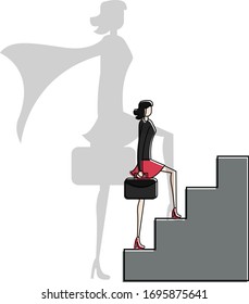 Superhero vector concept with female figure wearing a suit while climbing the stairway, isolated in white background with superhero shadow figure of the businesswoman