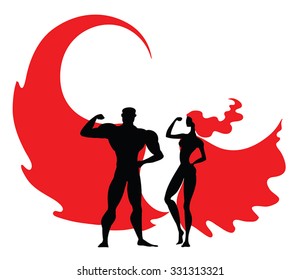 Superhero Vector Couple: Male And Female Black Superheroes Silhouettes Wearing Red Cloaks. Strong Arms. Superwoman With Red Hair. Fitness Icons, Healthy Life Symbol. Strong People Vector Illustration.