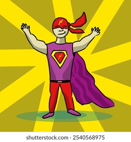 Ilustración vectorial de superhéroes. Superhéroe con una bufanda en la cabeza y sobre los ojos. Disfraz de leotardo y capa con escudo de armas. Superhéroe con símbolo de relámpago. Fantasía, personaje, superhéroe, ciencia ficción