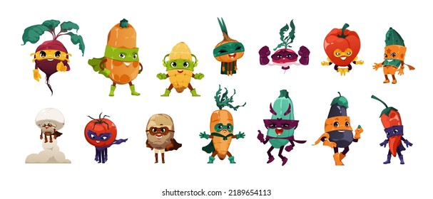 Superhero Vegetables. Funny Cartoon Organic Food In Colorful Hero Costume, Funny Fresh Superfood In Masks And Cape. Vector Cute Clipart Set Of Character Superhero Organic Illustration