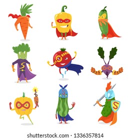 Superhero Vegetables In Masks And Capes Set Of Cute Childish Cartoon Humanized Characters In Costumes. Useful vitamins, healthy eating.