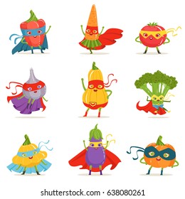 Superhero Vegetables In Masks And Capes Set Of Cute Childish Cartoon Humanized Characters In Costumes