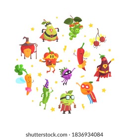 Superhero Vegetables Pattern of Round Shape, Funny Vegetables Dressed in Superhero Costumes Design Cartoon Vector Illustration