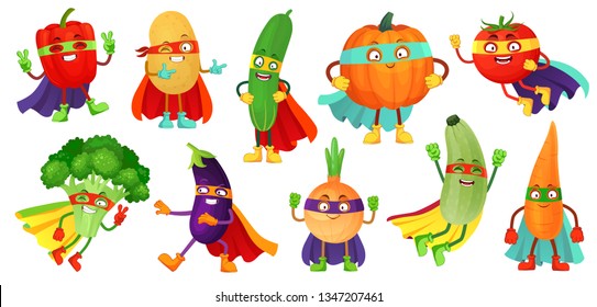 Superhero vegetables. Super cucumber, hero mask on pumpkin and vegetable food with superheroes cloak. Vegetarian superheroes characters. Cartoon vector illustration isolated icons set