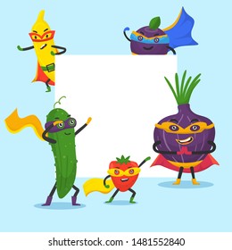 Superhero vegetables vector frame illustration. Cartoon super hero veggies with funny banana, pepper, onion and cucamber in masks. Vegetarian set isolated on white background.