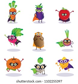 Superhero Vegitables, Illustration, Characters, Vegan, Cartoon, Set