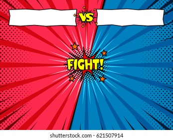 Superhero versus fight intro background, comic book style, halftone print texture. Two rivals chat window.